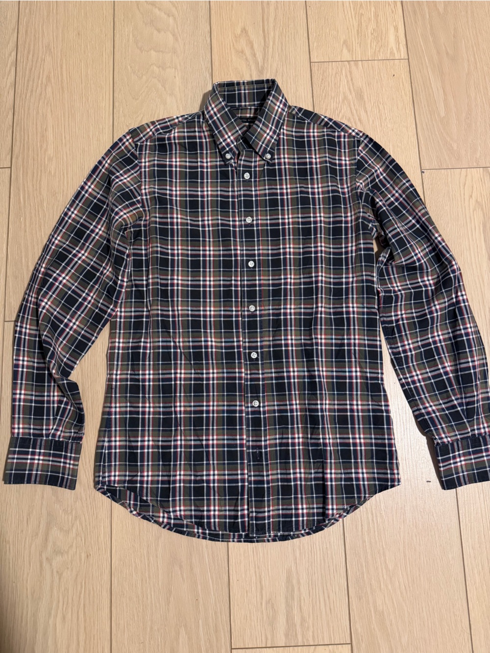 Men's Black Plaid Button-Down Shirt with Subtle Red and White Stripes
